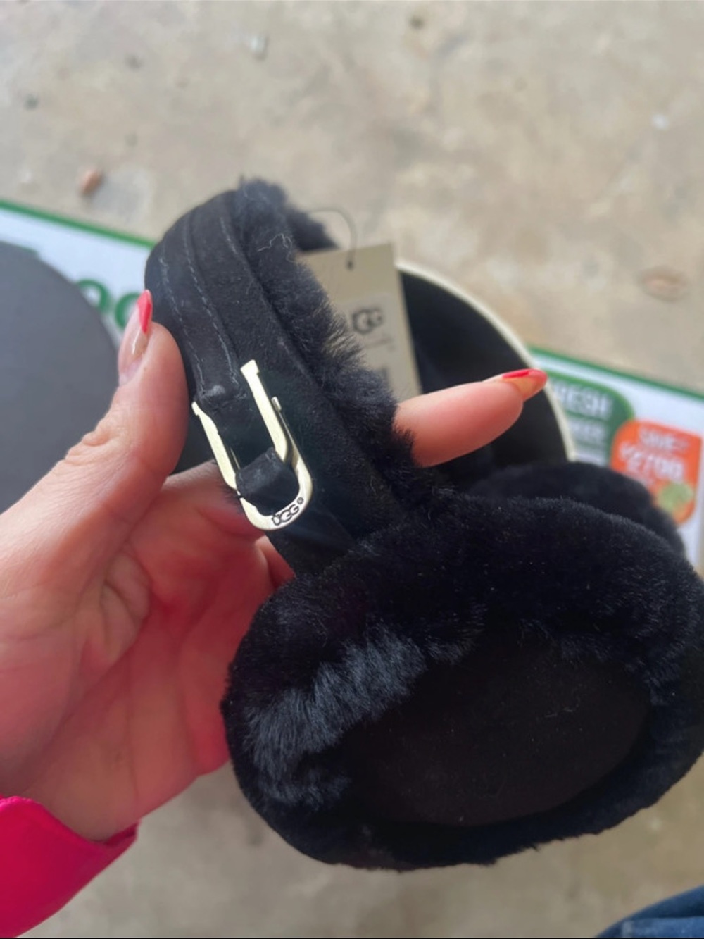 UGG Kids Black Plush Shearling Ear Warmers with Silver Buckle